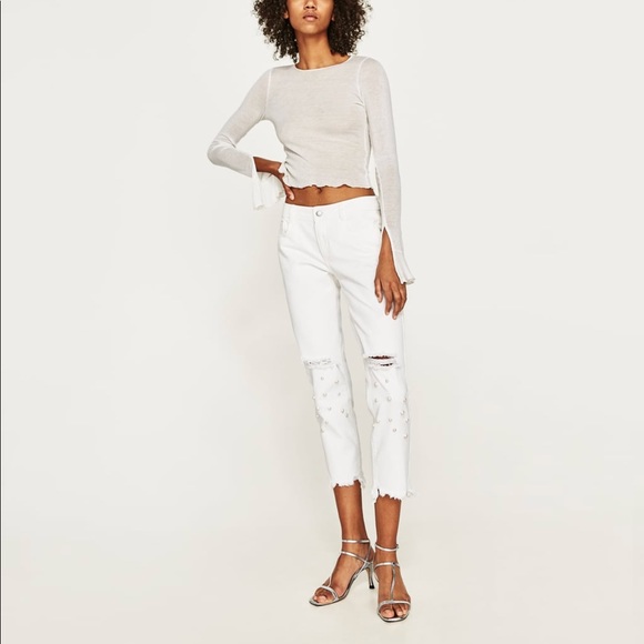 ZARA denim w PEARLS low rise cropped destroyed - Picture 1 of 5